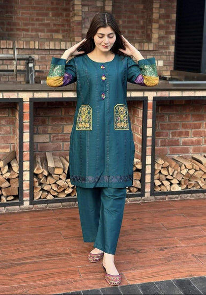 2 pc womens stitched cotton embroided shirt and trouser