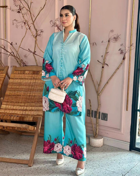 Elegant blue printed raw silk shirt  and trouser set for women- RJ