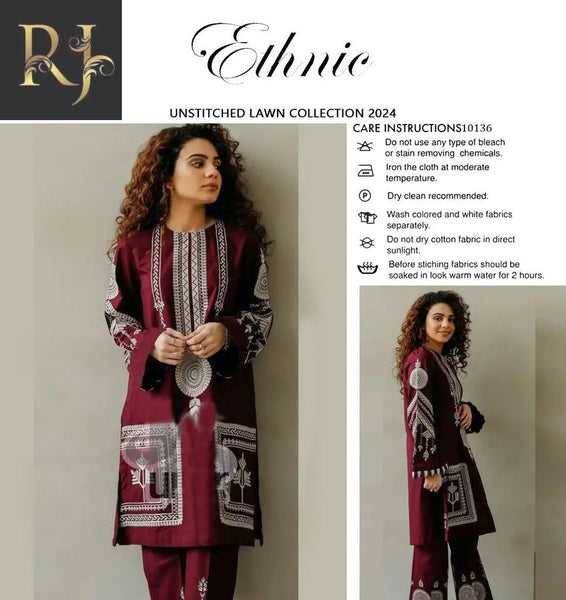 2 Pcs Womens Unstitched Lawn Embroided Suit - RJ Kollection 2885.00 clothes RJ Kollection 