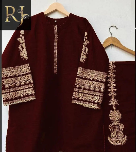 2 pcs Women's Katan Silk Stitched Tilla Embroided Suit - RJ Kollection 2190.00 Clothing RJ Kollection 