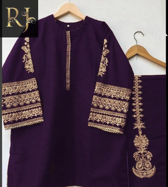 2 pcs Women's Katan Silk Stitched Tilla Embroided Suit - RJ Kollection 2190.00 Clothing RJ Kollection 