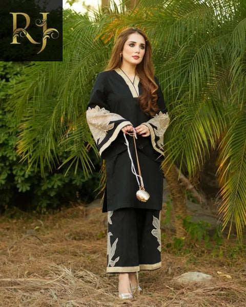 2 pcs Womens stitched linen embroided shirt and trouser RJ Kollection