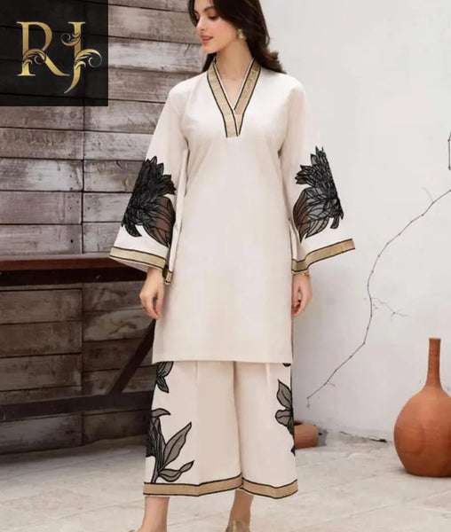 2 pcs womens stitched linen embroided shirt and trouser RJ Kollection