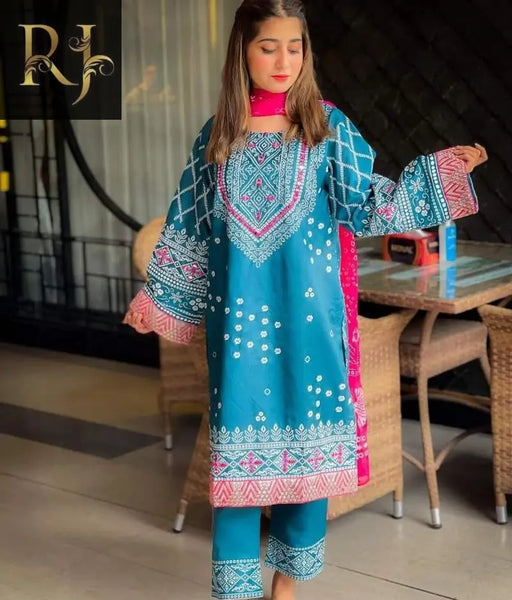 3 Pcs Women's Stitched Katan Silk  Mirror Work Suit - RJ Kollection 2640.00 clothes RJ Kollection 