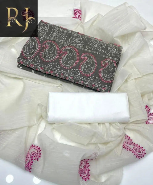 3 Pcs Womens Unstitched Paper Cotton Embroided Suit - RJ Kollection 3290.00 Clothing RJ Kollection 