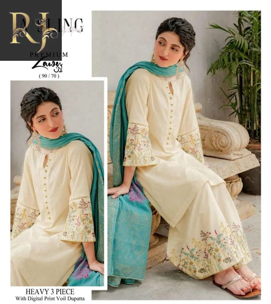 3 pcs Women Unstitched Lawn embroided suit RJ Kollection