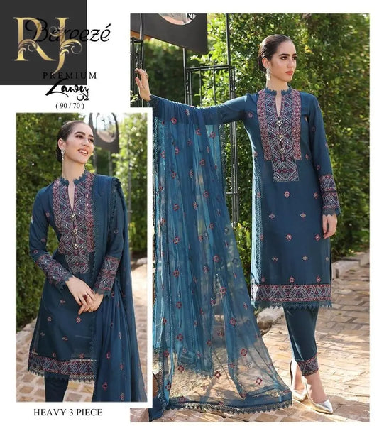 3 pcs Women's Lawn unstitched Embroided Suit RJ Kollection