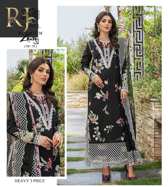 3 pcs Women's Lawn unstitched Embroided Suit RJ Kollection