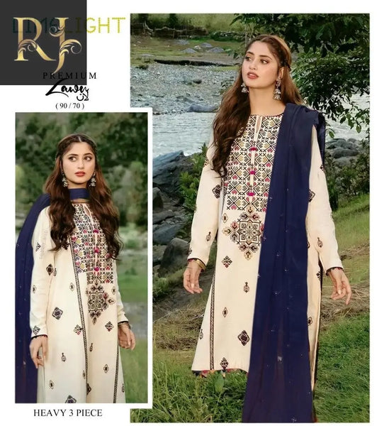 3 pcs Women's Lawn unstitched Embroided Suit RJ Kollection