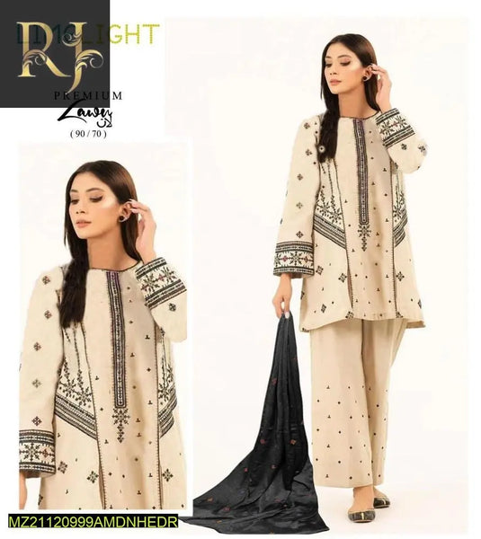 3 pcs Women's Lawn unstitched Embroided Suit RJ Kollection