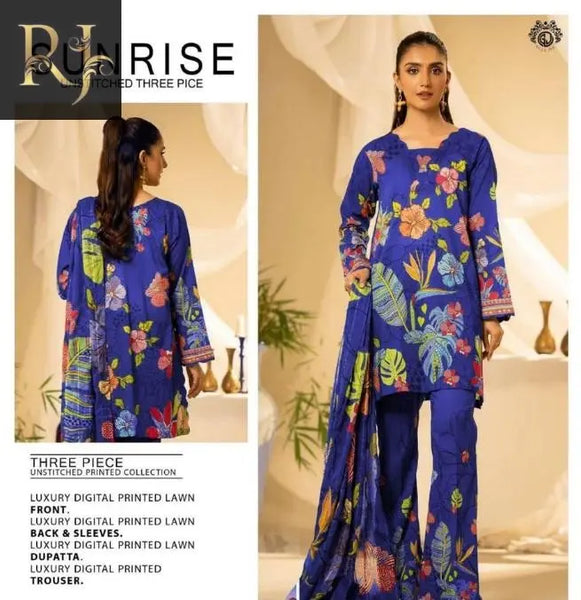 3 pcs Womens unstitched printed lawn suit RJ Kollection