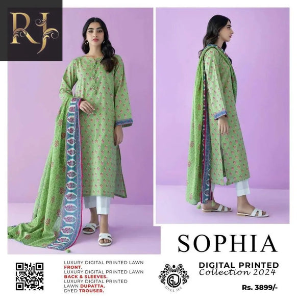 3 pcs women unstitched Lawn dress ( Green) RJ Kollection