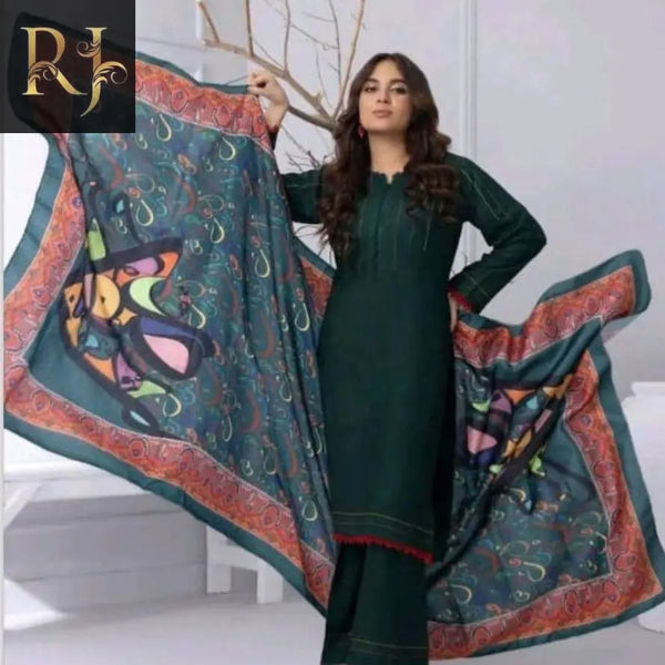 3 pcs womens unstitched katan silk printed suit RJ Kollection