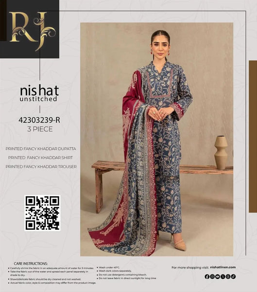 3 pcs womens unstitched khaddar printed suit RJ Kollection