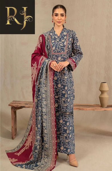 3 pcs womens unstitched khaddar printed suit RJ Kollection