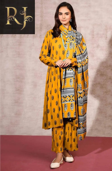 3 pcs womens unstitched khaddar printed suit RJ Kollection