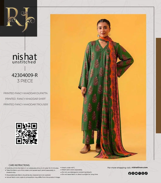 3 pcs womens unstitched khaddar printed suit RJ Kollection