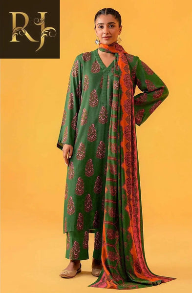 3 pcs womens unstitched khaddar printed suit RJ Kollection