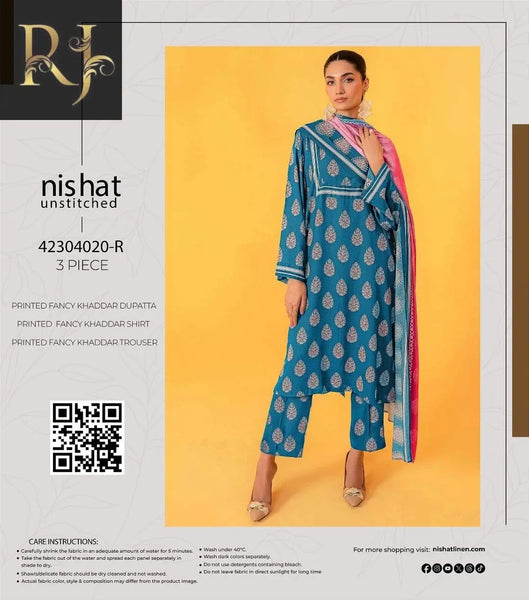 3 pcs womens unstitched khaddar printed suit RJ Kollection