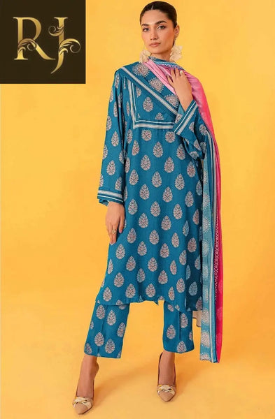 3 pcs womens unstitched khaddar printed suit RJ Kollection