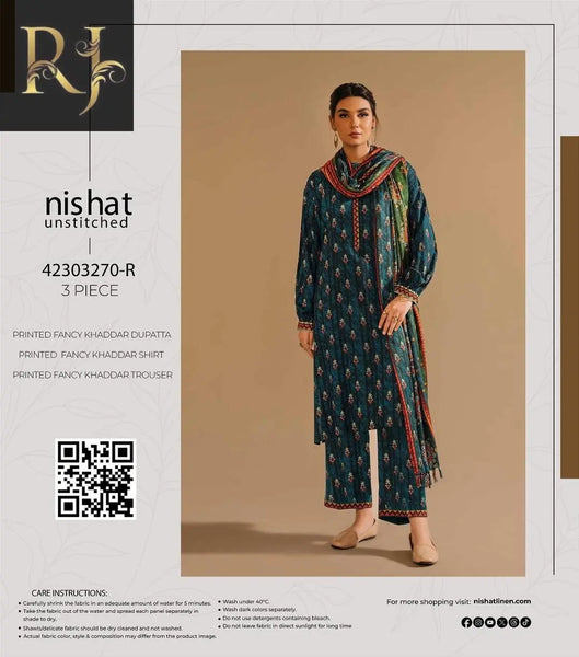 3 pcs womens unstitched khaddar printed suit RJ Kollection