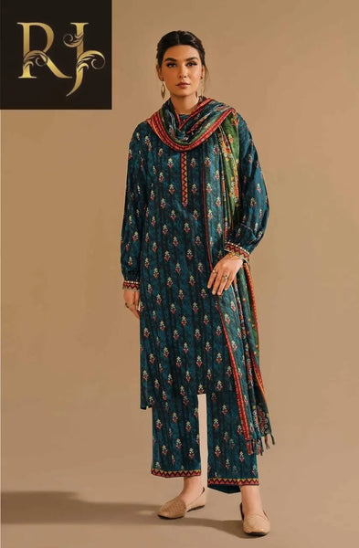 3 pcs womens unstitched khaddar printed suit RJ Kollection