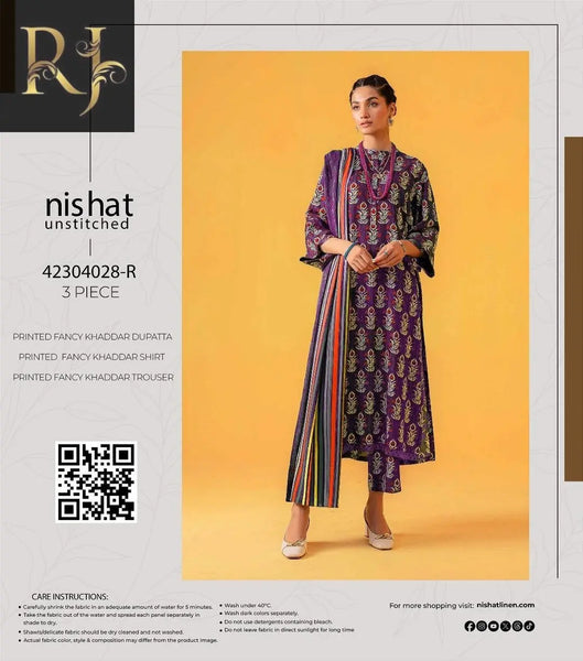 3 pcs womens unstitched khaddar printed suit RJ Kollection