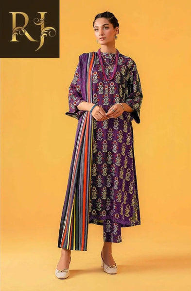 3 pcs womens unstitched khaddar printed suit RJ Kollection