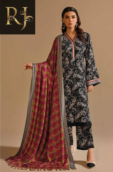 3 pcs womens unstitched khaddar printed suit RJ Kollection