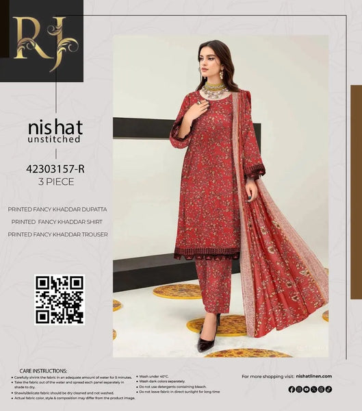 3 pcs womens unstitched khaddar printed suit RJ Kollection