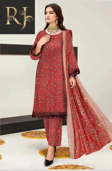 3 pcs womens unstitched khaddar printed suit RJ Kollection