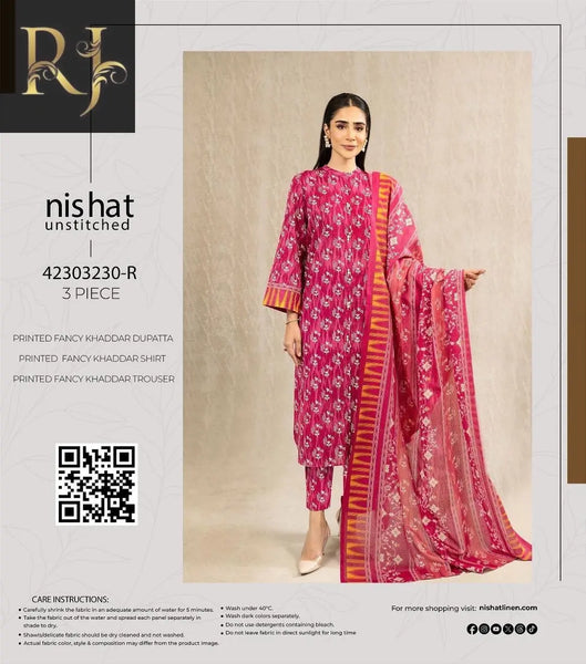 3 pcs womens unstitched khaddar printed suit RJ Kollection