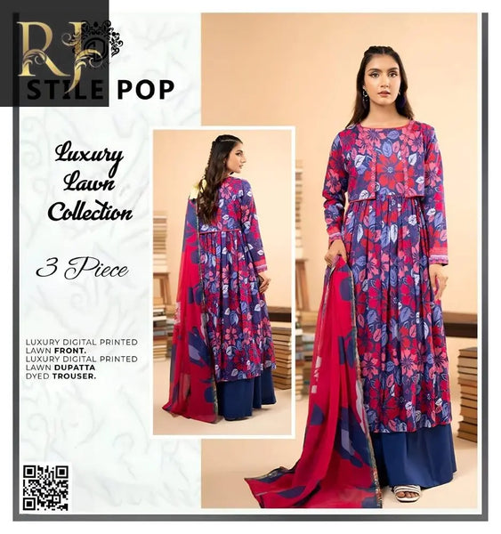 3 pcs womens unstitched lawn digital printed suit RJ Kollection