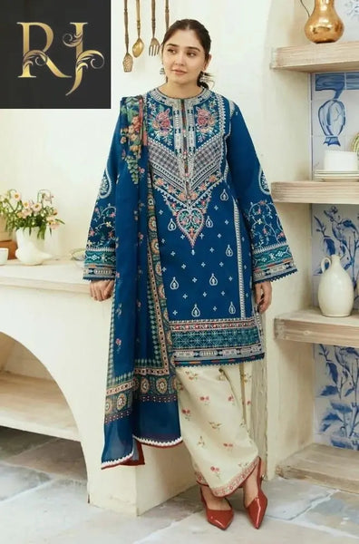 3 pcs womens unstitched lawn embroided suit RJ Kollection