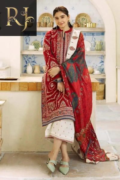 3 pcs womens unstitched lawn embroided suit RJ Kollection