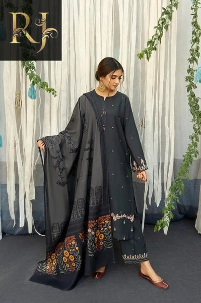 3 pcs womens unstitched lawn embroided suit RJ Kollection