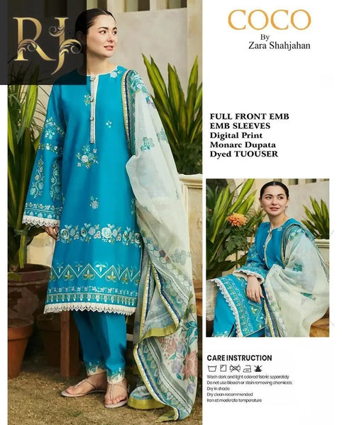 3 pcs womens unstitched lawn embroided suit RJ Kollection