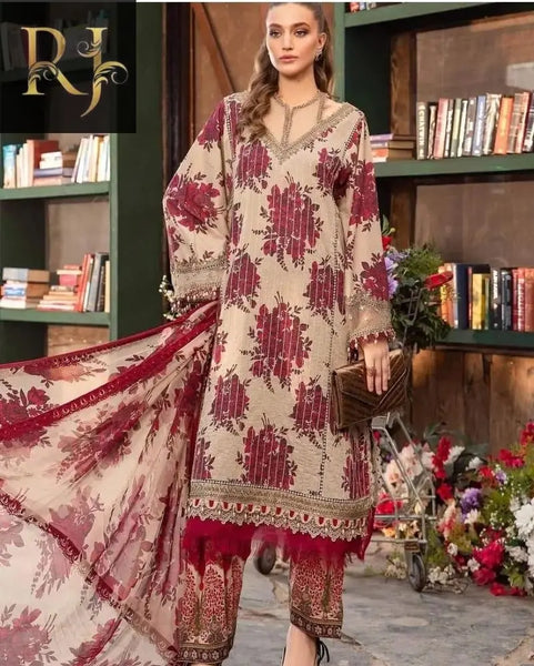 3 pcs womens unstitched lawn printed suit RJ Kollection