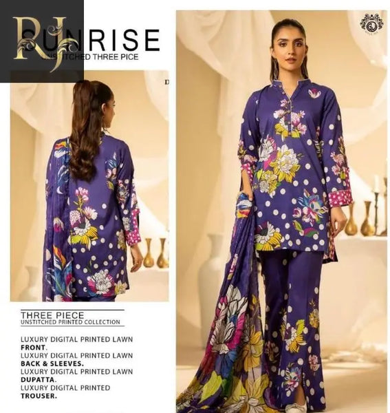 3 pcs womens unstitched lawn printed suit RJ Kollection