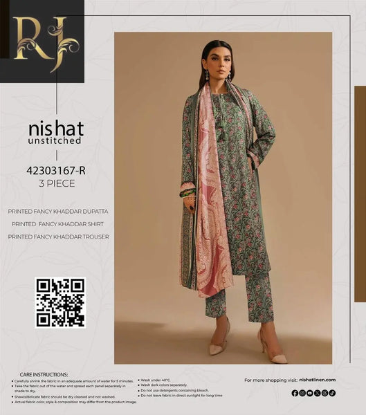 3 pcs womens unstitched printed khaddar suit RJ Kollection