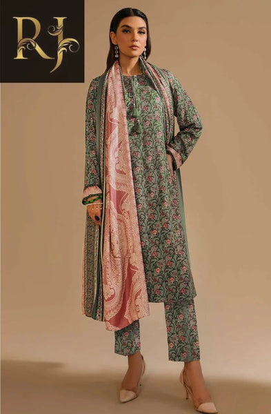 3 pcs womens unstitched printed khaddar suit RJ Kollection