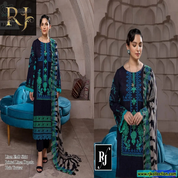 Black Embroidered Women’s 3-Piece Unstitched Linen Suit By RJ Kollection - RJ Kollection 2850.00 Clothing RJ Brand 