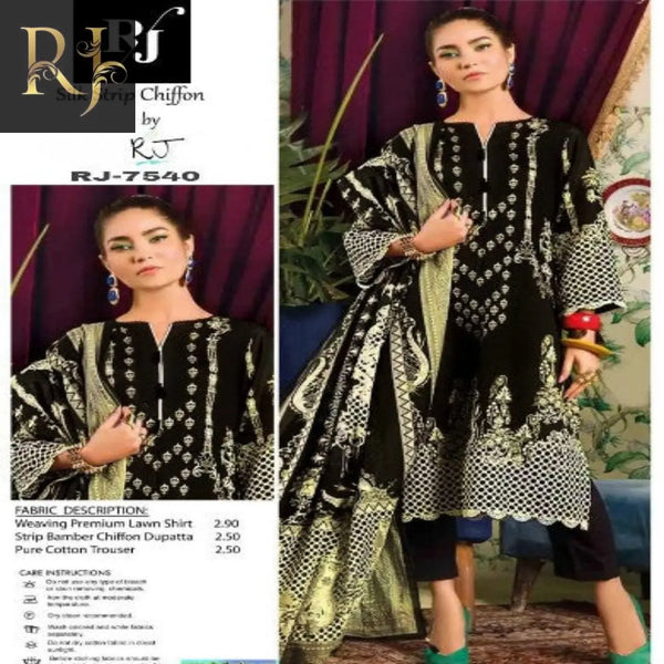 Black Embroidered Women's Unstitched 3-Piece Lawn Suit By RJ Kollection - RJ Kollection 3150.00 Clothing RJ Brand 