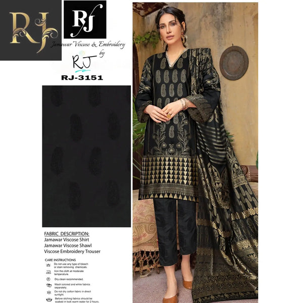 Black Women’s Embroidered 3-piece Jamawar & Viscose Suit By RJ Kollection - RJ Kollection 4299.99 Clothing RJ Brand 