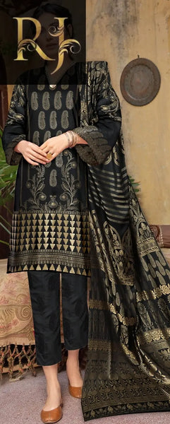 Black Women’s Embroidered 3-piece Jamawar & Viscose Suit By RJ Kollection - RJ Kollection 4299.99 Clothing RJ Brand 