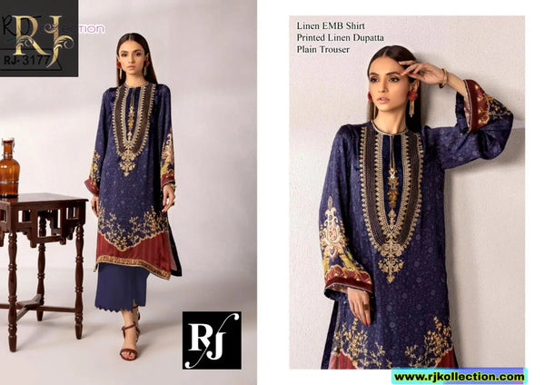 Blue Embroidered Women’s 3-Piece Unstitched Linen Suit By RJ Kollection - RJ Kollection 2850.00 Clothing RJ Brand 