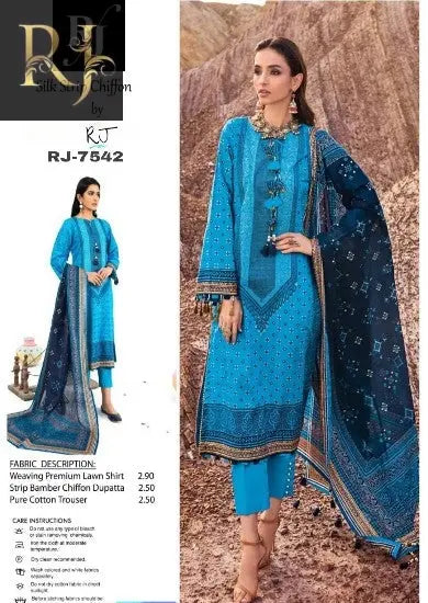 Blue Embroidered Women’s Unstitched 3-Piece Lawn Suit By RJ Kollection - RJ Kollection 3150.00 Clothing RJ Brand 