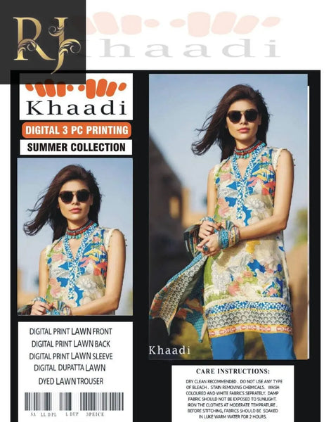 Blue Stylish Women’s Unstitched 3-Piece Lawn Suit By Khaadi (R) - RJ Kollection 2999.00 clothing RJ Kollection 