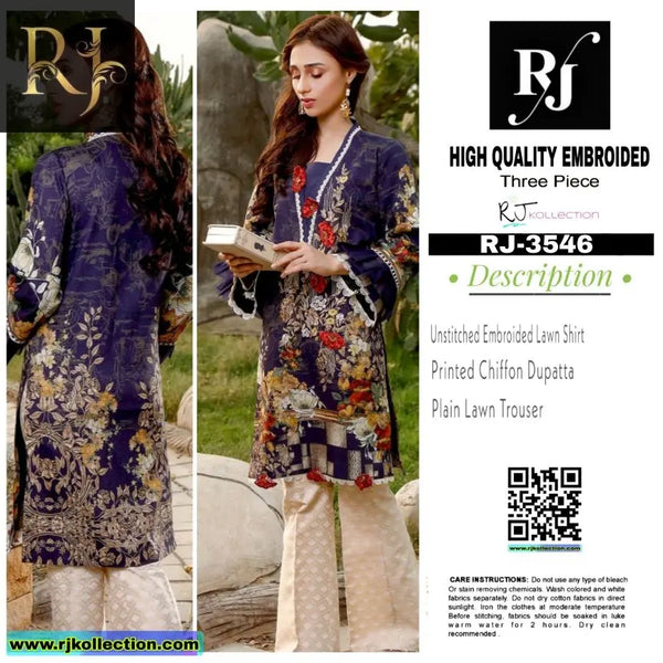 Blue Women’s Embroidered Unstitched 3-Piece Lawn Suit By RJ Kollection - RJ Kollection 2850.00 Clothing RJ Brand 