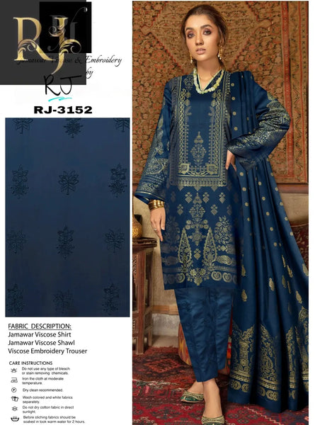 Dark Blue Women’s Embroidered 3-piece Jamawar & Viscose Suit By RJ Kollection - RJ Kollection 4299.99 Clothing RJ Brand 